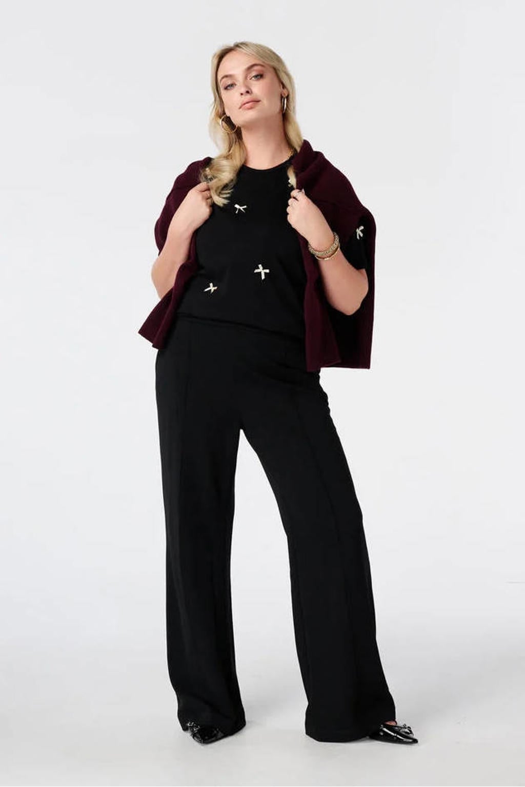 Zwarte dames MS Mode straight leg broek met effen