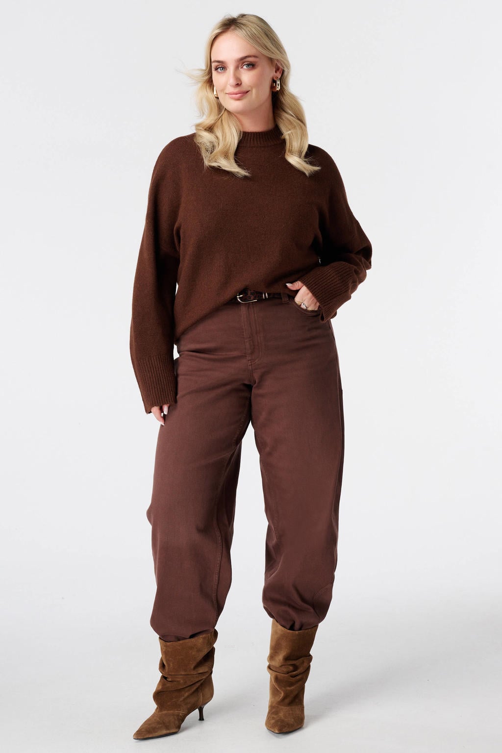 Bruine dames MS Mode Plus Size gebreide trui van polyester met effen en lange mouwen