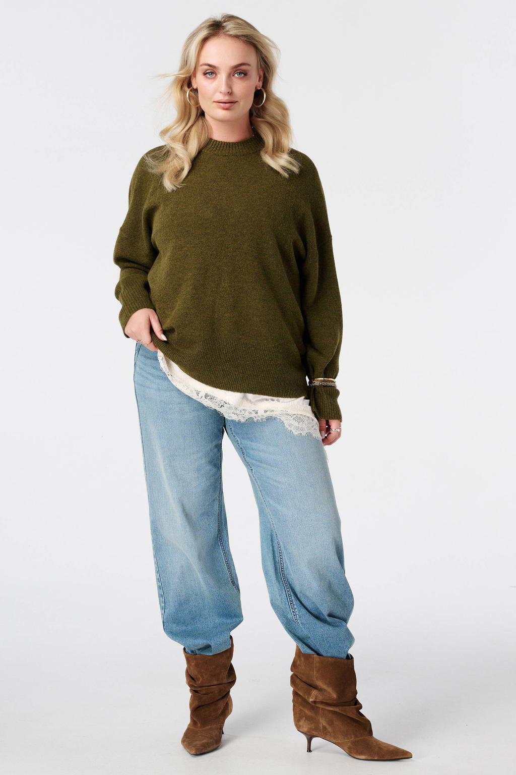 Kakikleurige dames MS Mode Plus Size gebreide trui van polyester met effen en lange mouwen