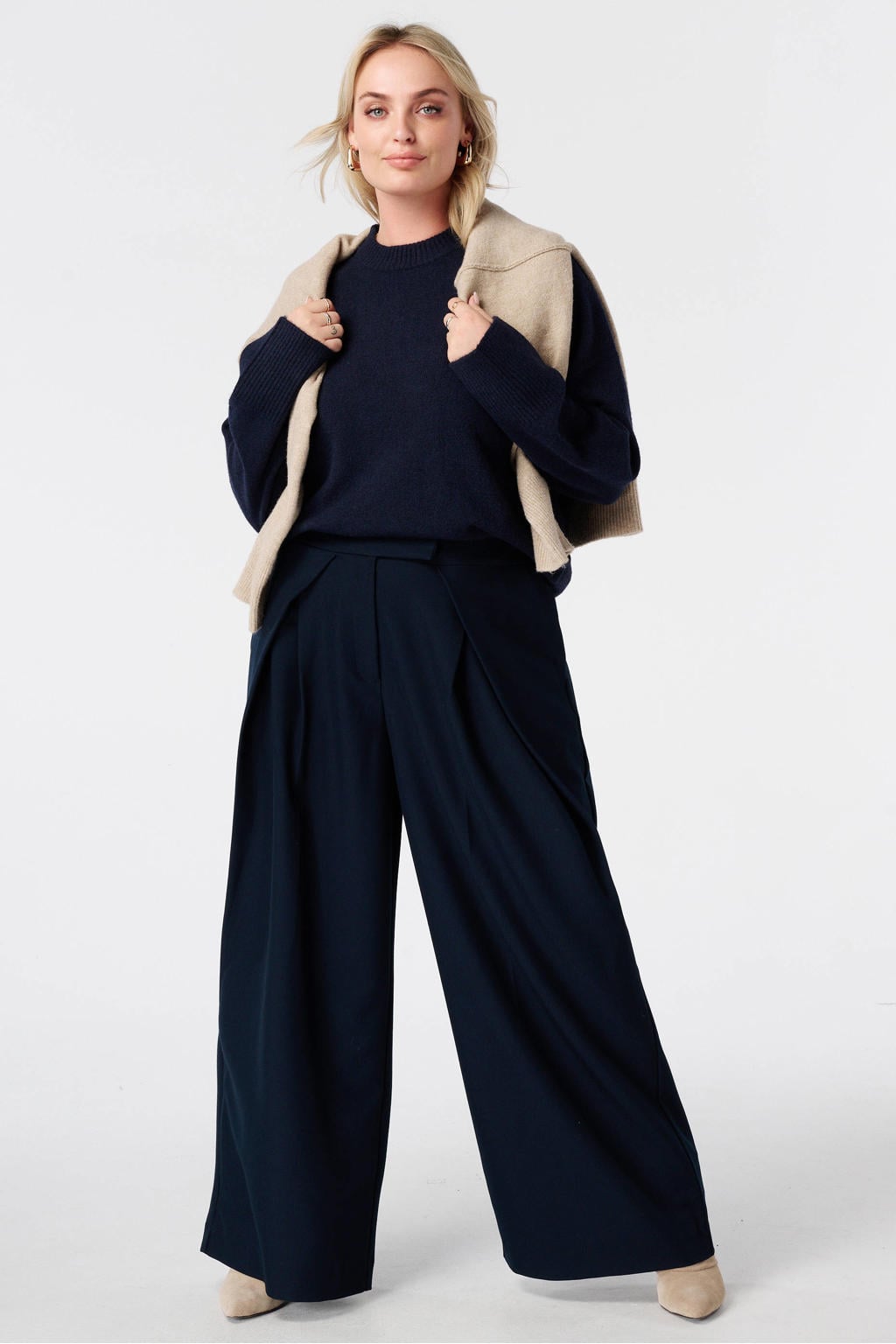 Donkerblauwe dames MS Mode Plus Size gebreide trui van polyester met effen en lange mouwen
