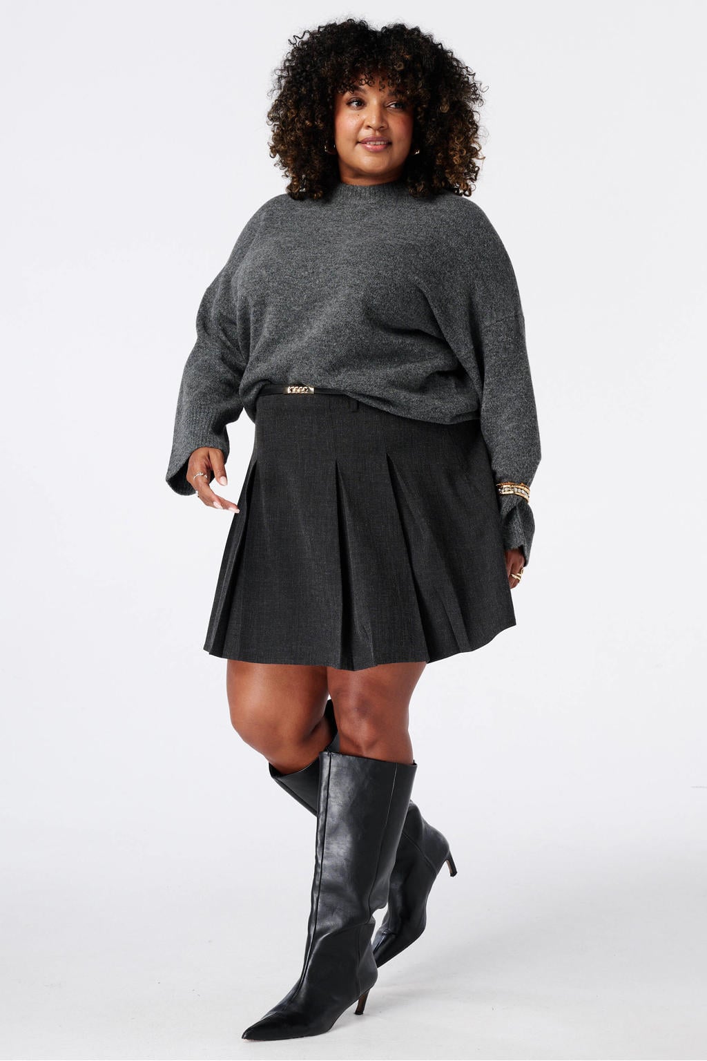 Grijze dames MS Mode Plus Size gebreide trui van polyester met effen en lange mouwen