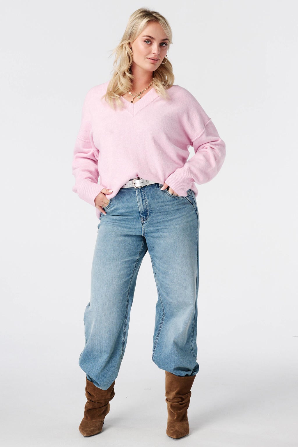 MS Mode Plus Size gebreide trui met wol - lichtroze
