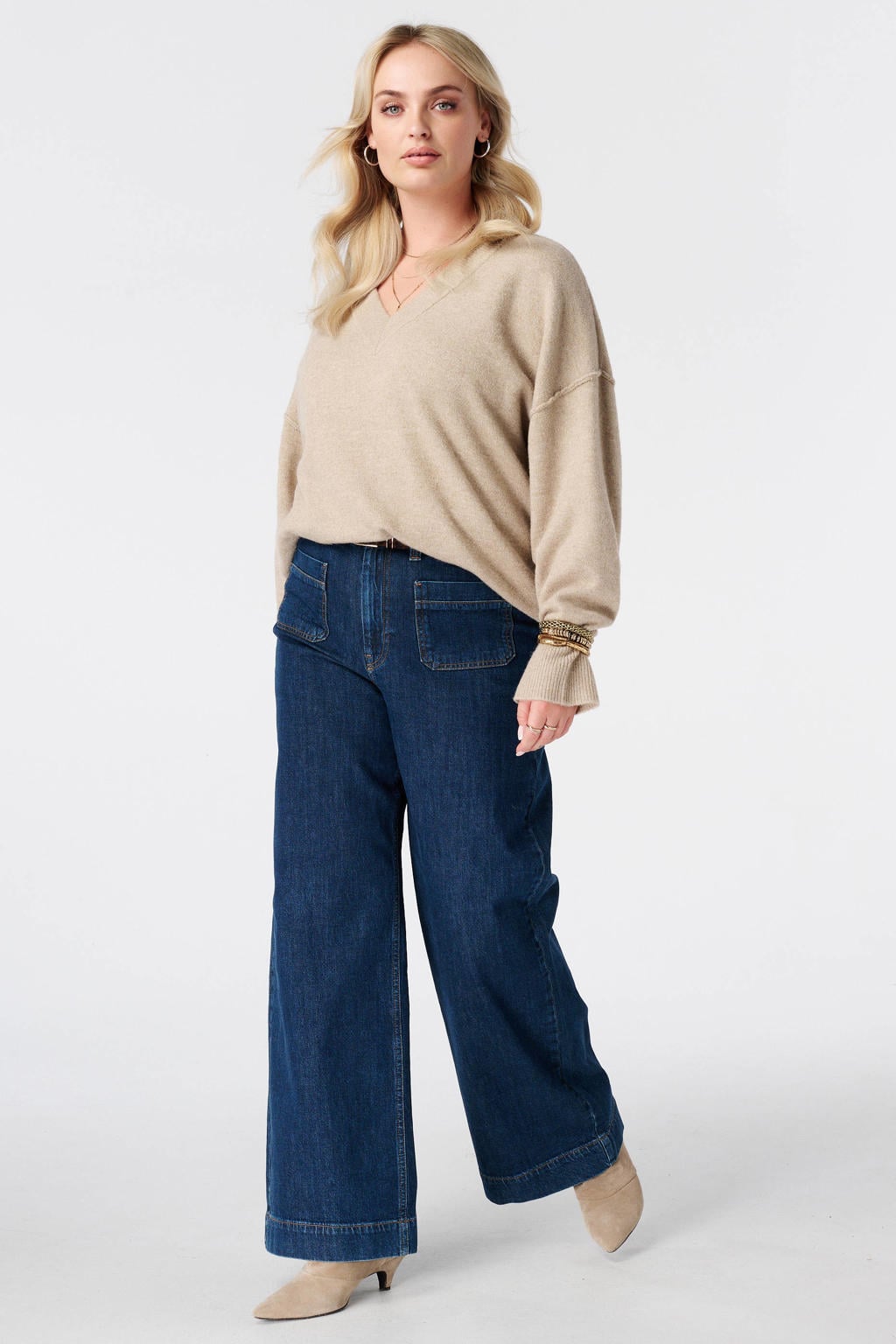 MS Mode Plus Size gebreide trui met wol - taupe