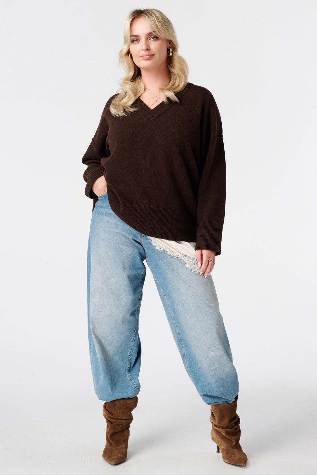 MS Mode Plus Size gebreide trui met wol - donkerbruin