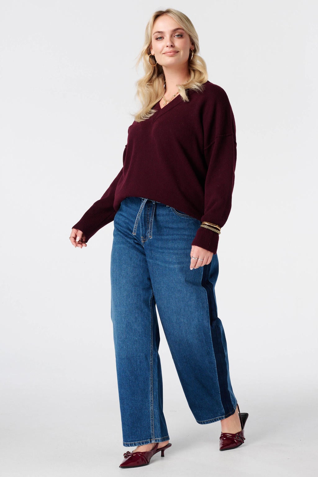 MS Mode Plus Size gebreide trui met wol - donkerrood