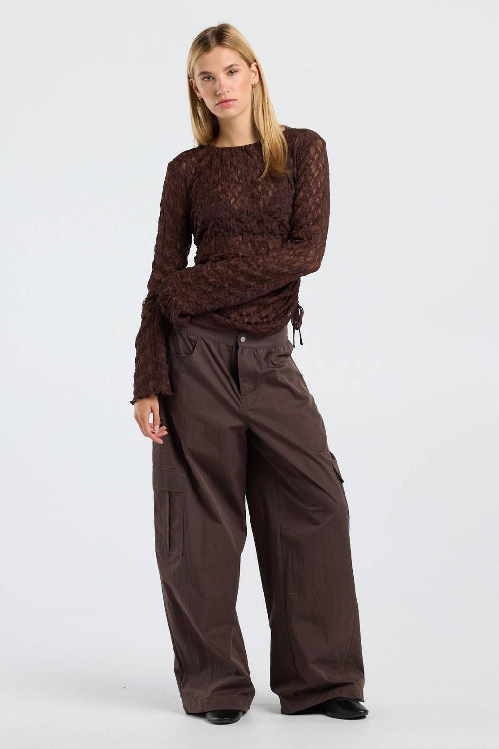America Today kanten semi-transparante top met ruches - dark brown