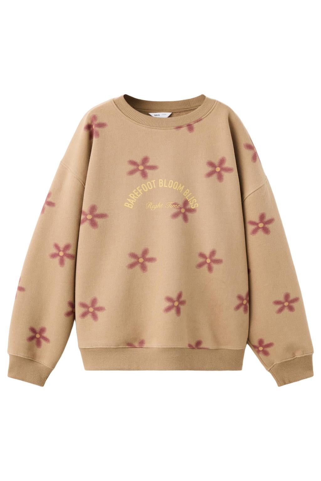 Bruine meisjes Mango Kids gebloemde sweater met lange mouwen, ronde hals en geribde boorden