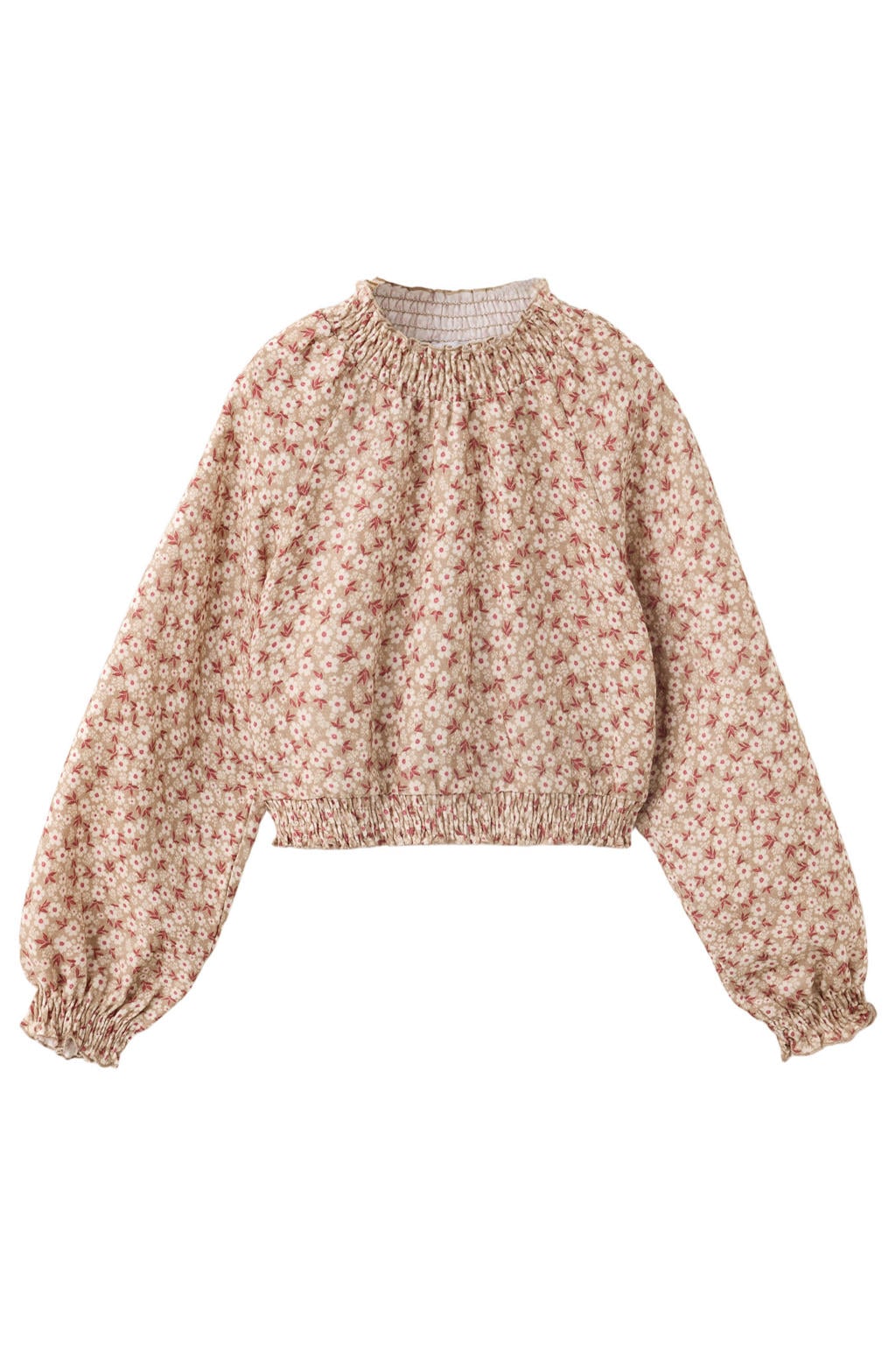 Beige meisjes Mango Kids gebloemde blousetop van katoen met lange mouwen en opstaande kraag