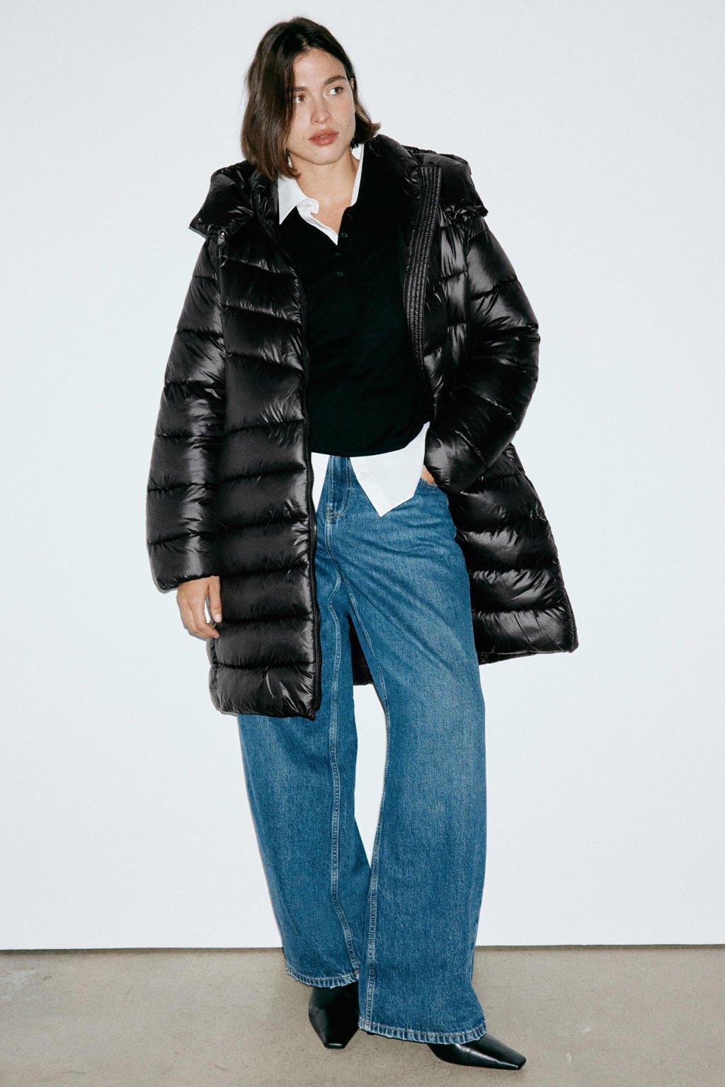Zwarte dames Mango gewatteerde winterjas van polyester met effen, lange mouwen en capuchon
