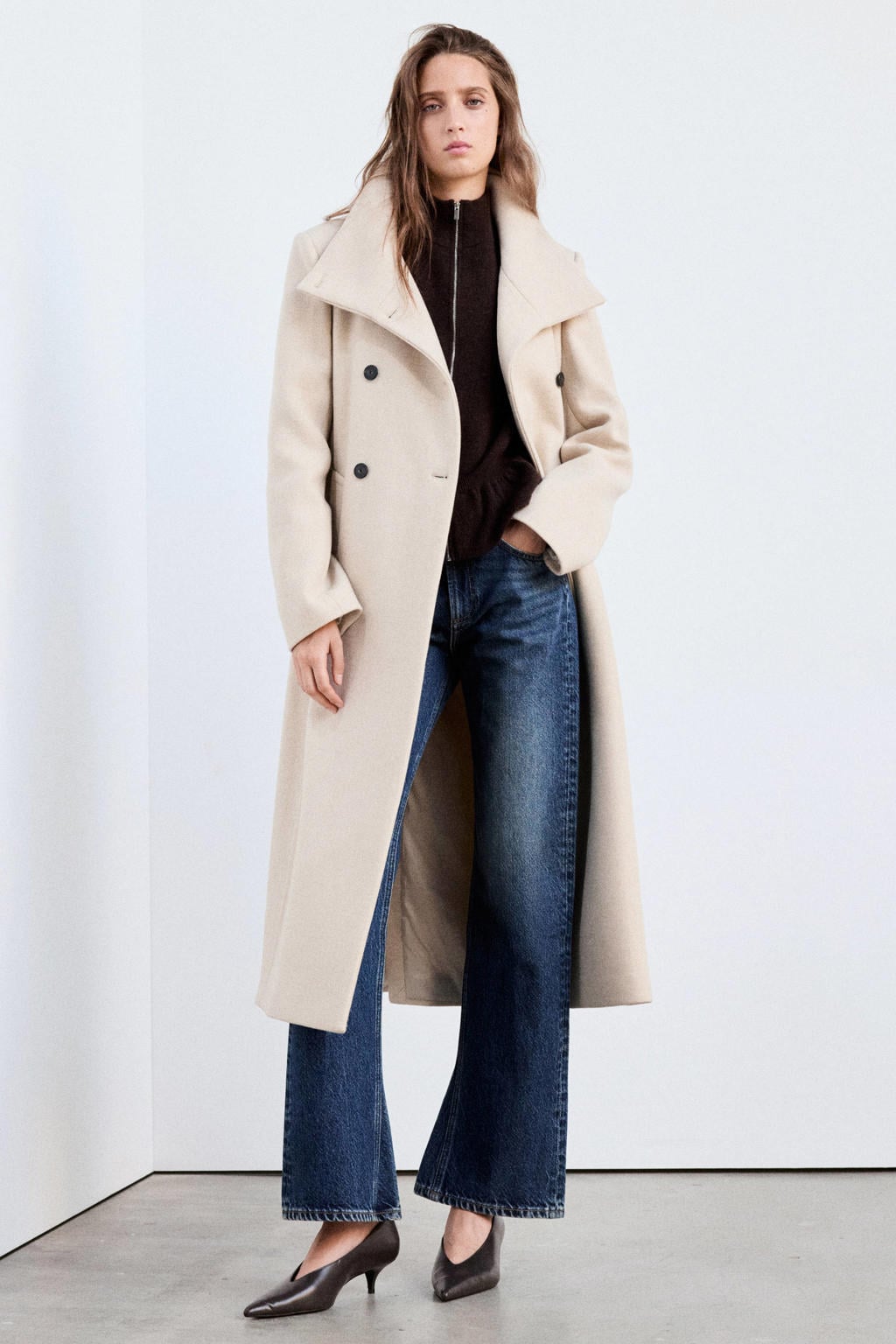 Beige dames Mango van wol met effen, lange mouwen, opstaande kraag en ceintuur