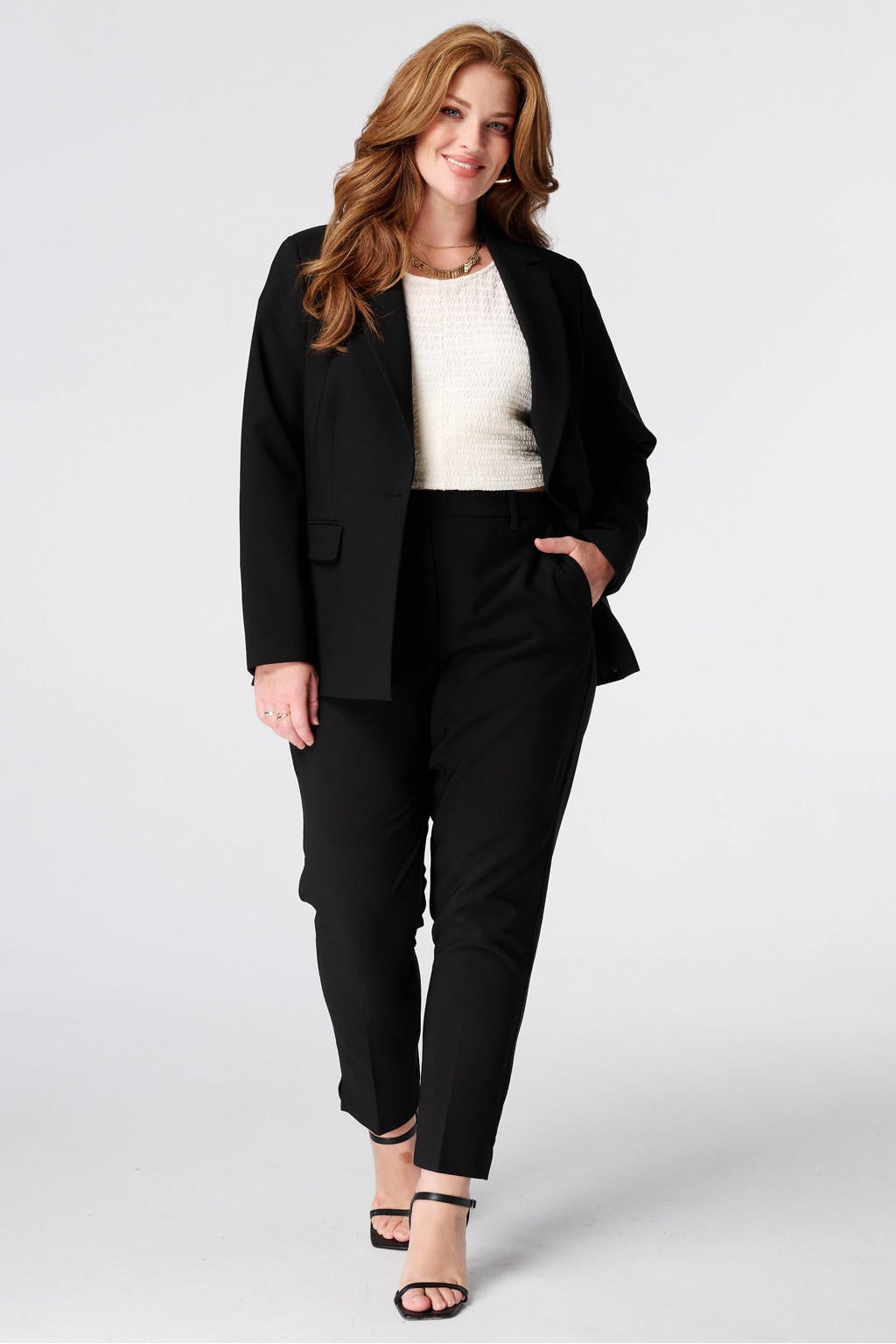 Zwarte dames MS Mode Plus Size regular blazer van polyester met effen, lange mouwen, klassieke kraag en knoopsluiting