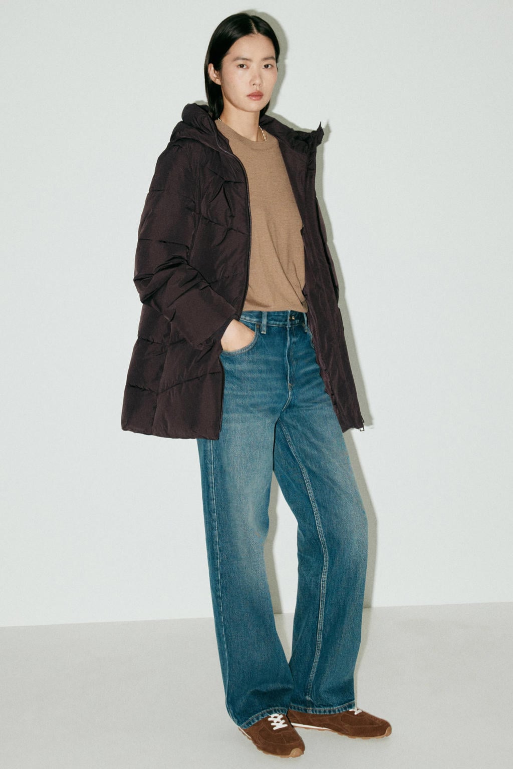 Bruine dames Mango winterjas van polyester met effen, lange mouwen en capuchon