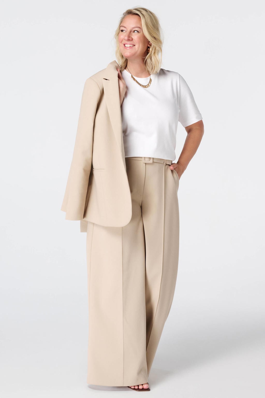 MS Mode Plus Size wide leg broek met ceintuur - zand