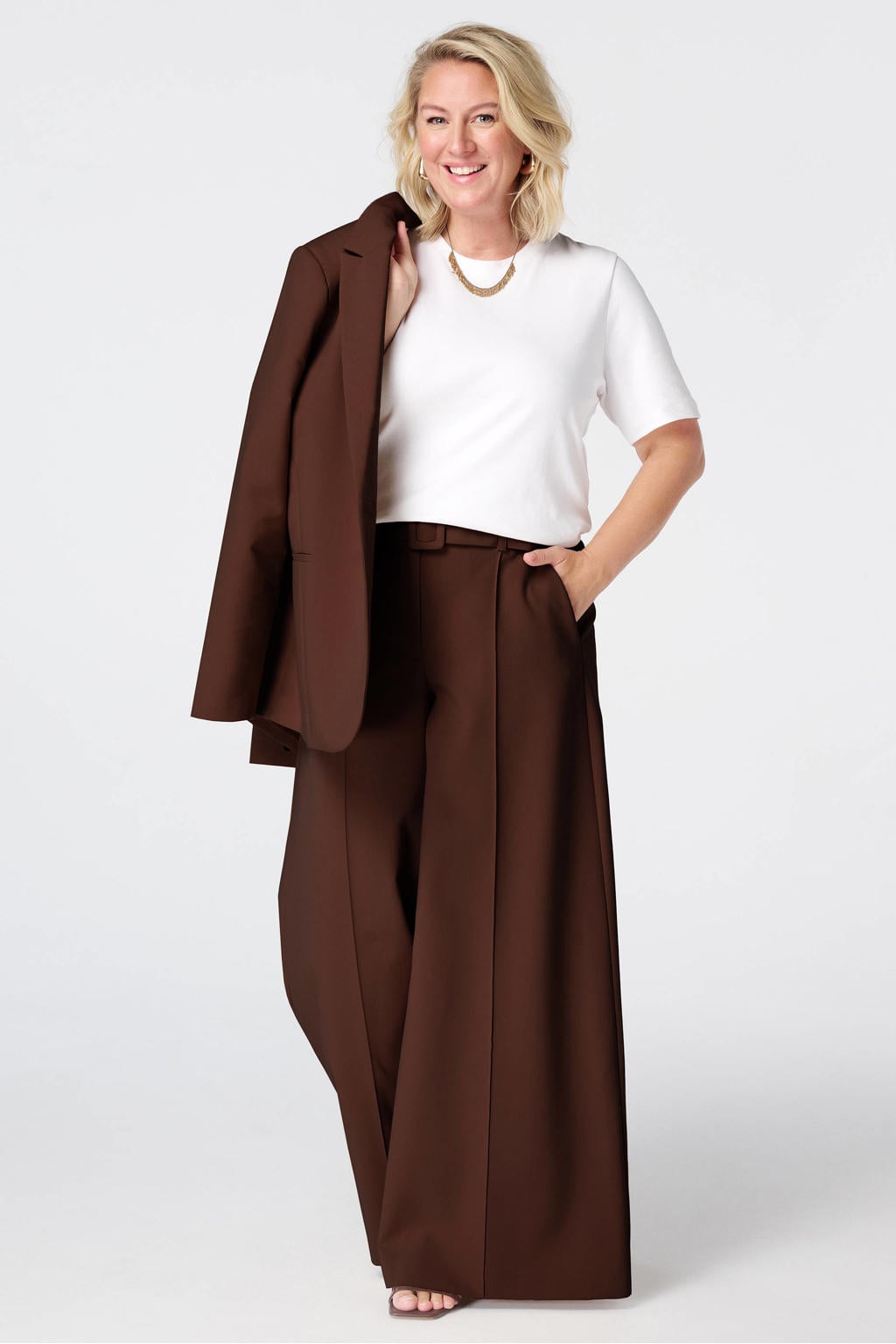Bruine dames MS Mode Plus Size wide leg broek met effen