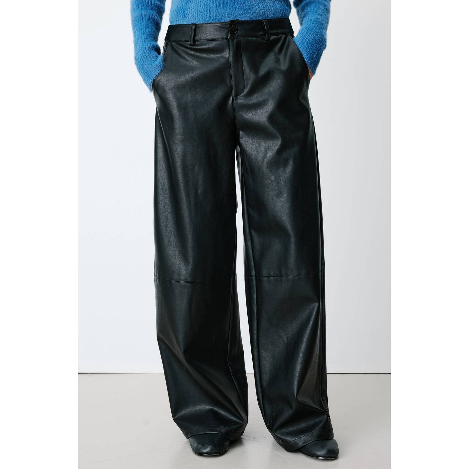 Grace & Mila imitatieleren wide leg casual broek zwart