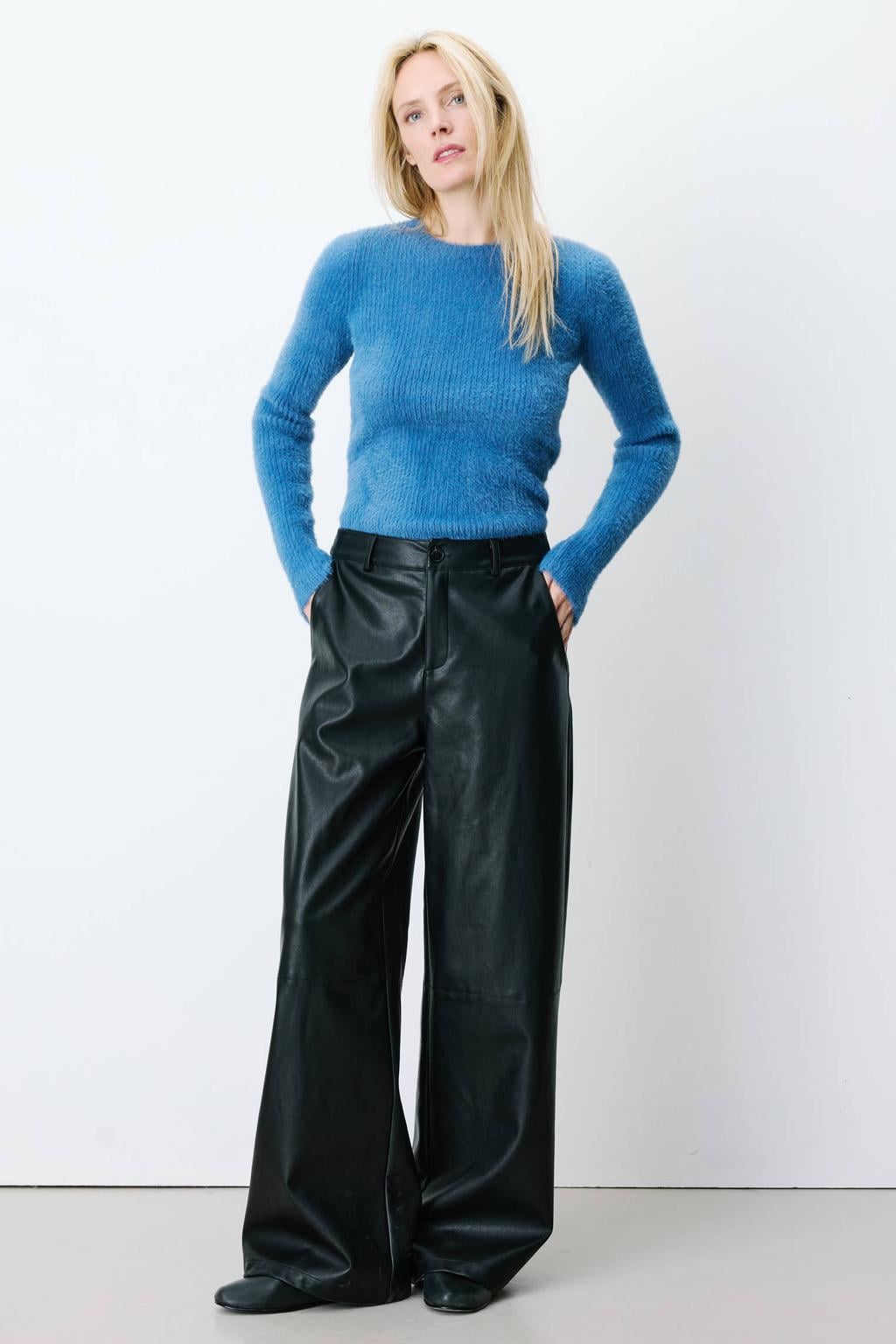Grace & Mila imitatieleren wide leg casual broek - zwart