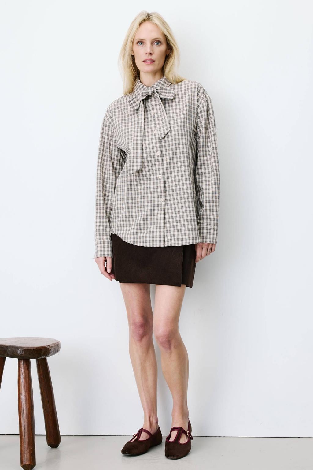Grace & Mila geruite blouse - beige/zwart