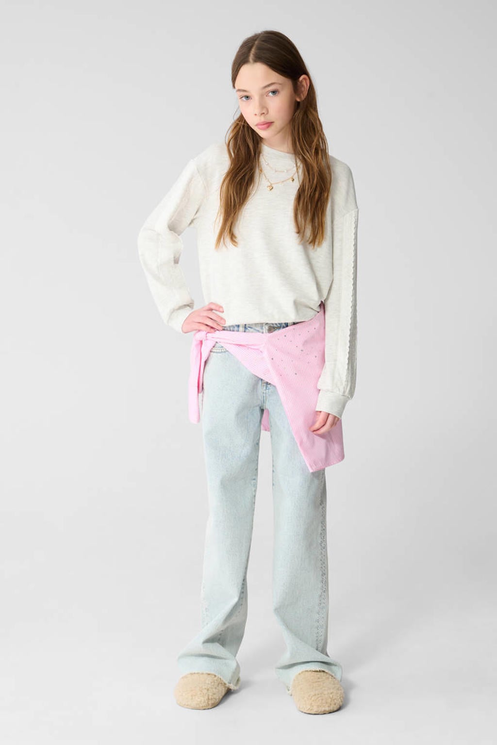 Grijze meisjes Shoeby van sweat materiaal met effen, lange mouwen, ronde hals en kant