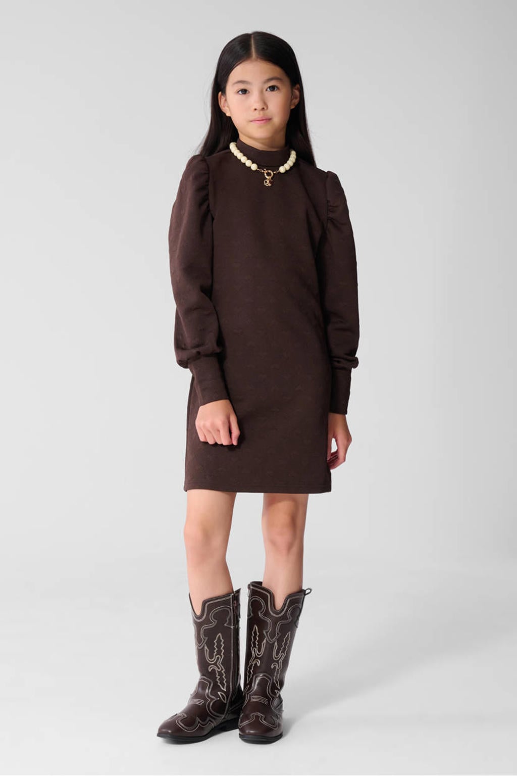 Bruine meisjes Shoeby van polyester met effen, lange mouwen, opstaande kraag en knoopsluiting