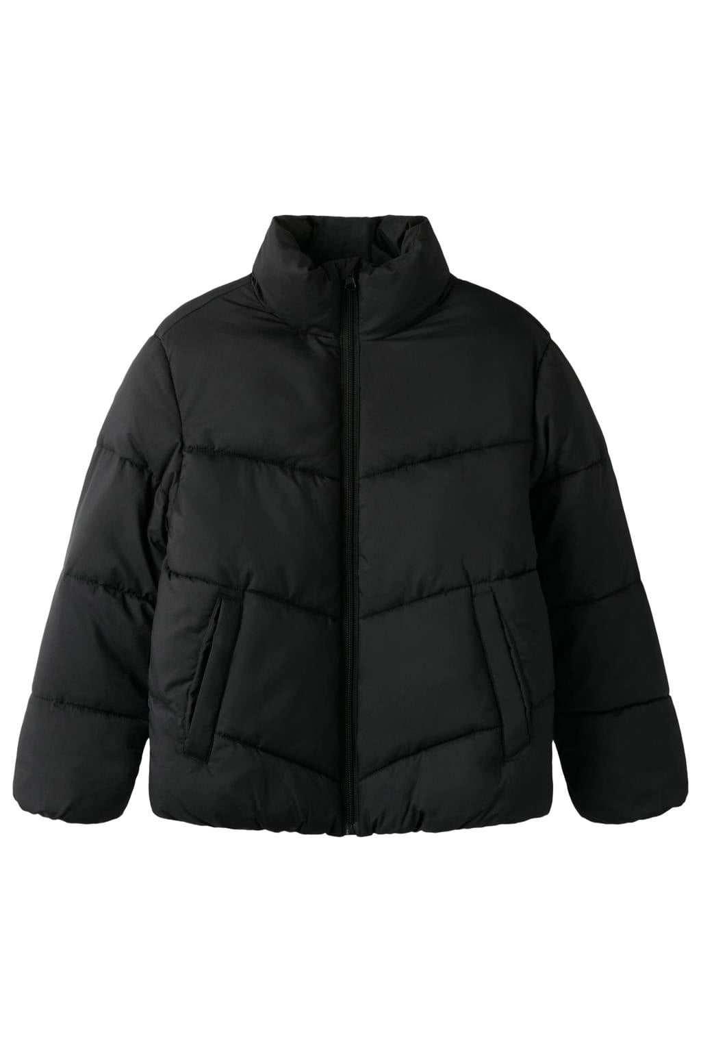 Zwarte meisjes NAME IT KIDS pufferjas van polyester met effen, lange mouwen, opstaande kraag en ritssluiting