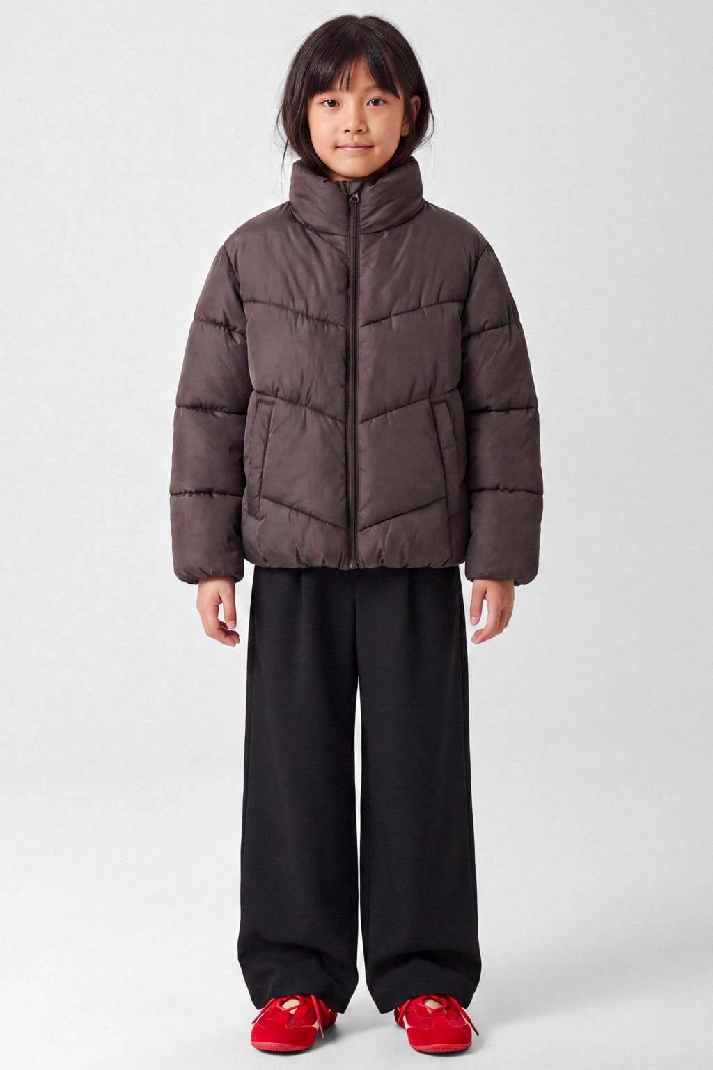Donkerblauwe meisjes NAME IT KIDS pufferjas van polyester met effen, lange mouwen, opstaande kraag en ritssluiting