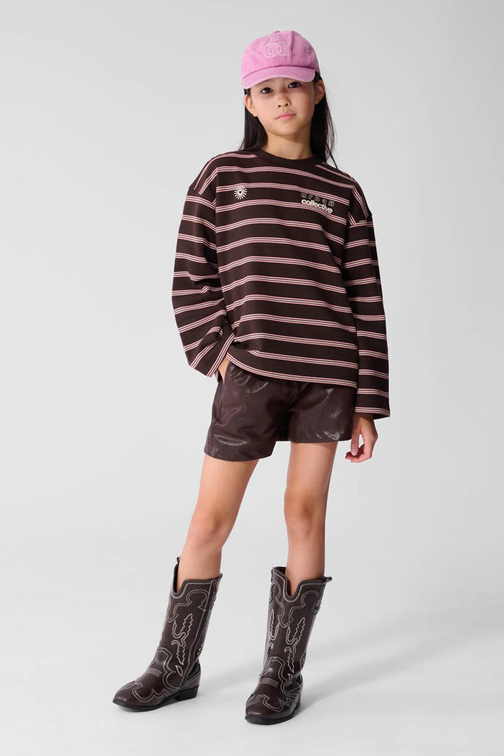 Bruine meisjes Shoeby van imitatieleer met high waist, elastische tailleband en effen
