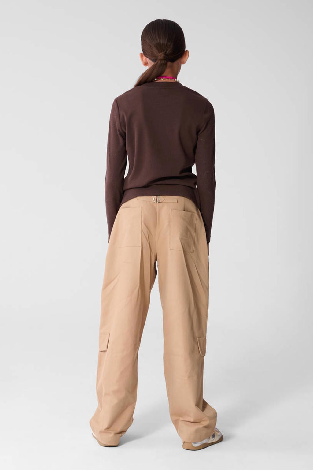 Bruine meisjes Shoeby longsleeve van polyester met effen, lange mouwen, ronde hals en strass steentjes