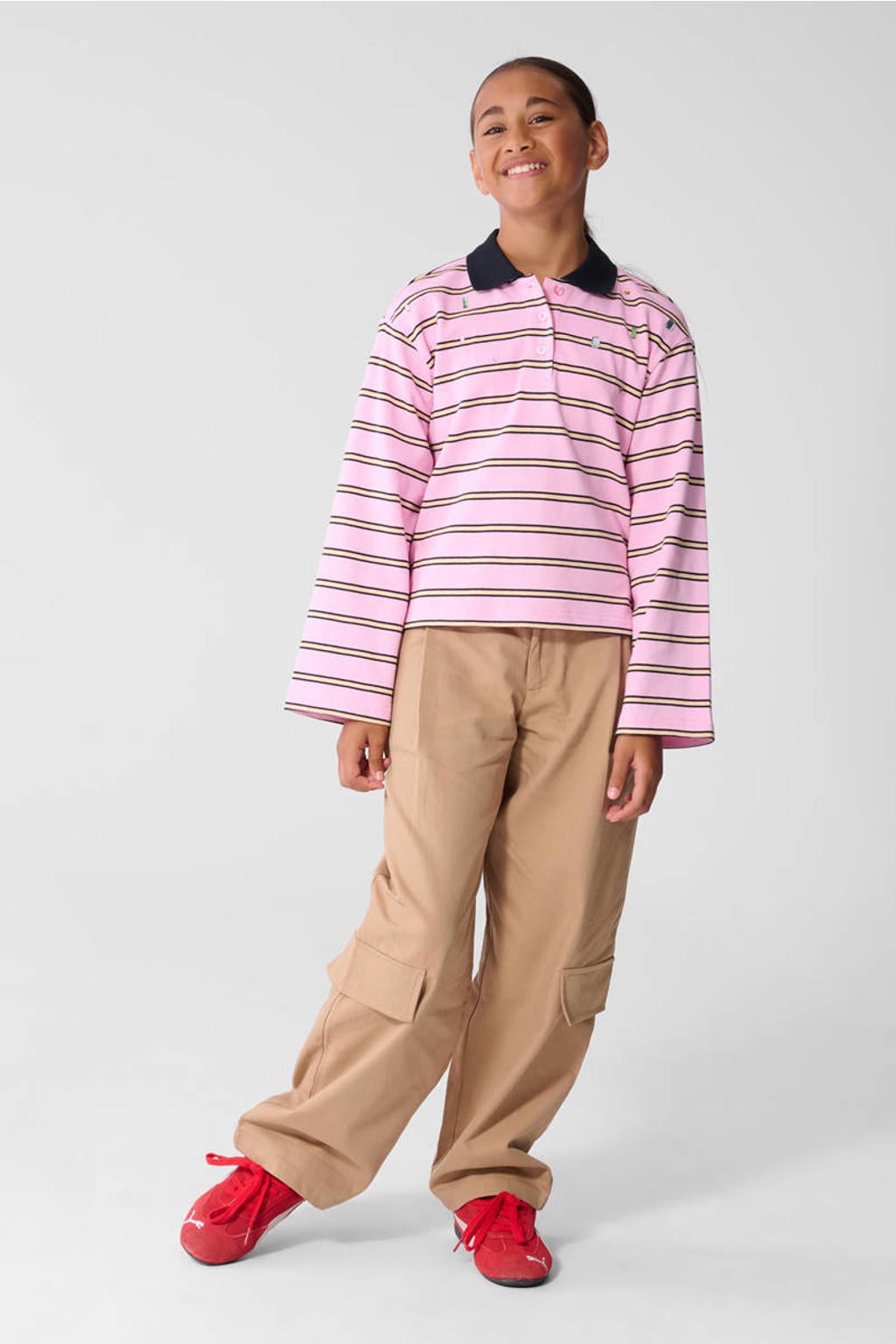 Roze meisjes Shoeby gestreepte polo van katoen met lange mouwen en knoopsluiting