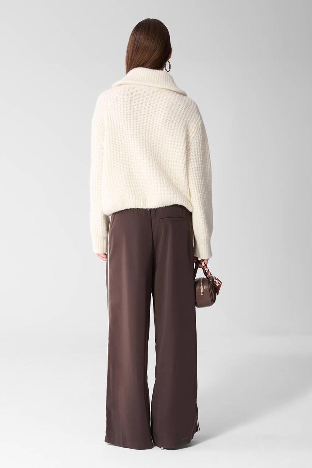 Bruin en ecru dames Shoeby wide leg broek met high waist en effen