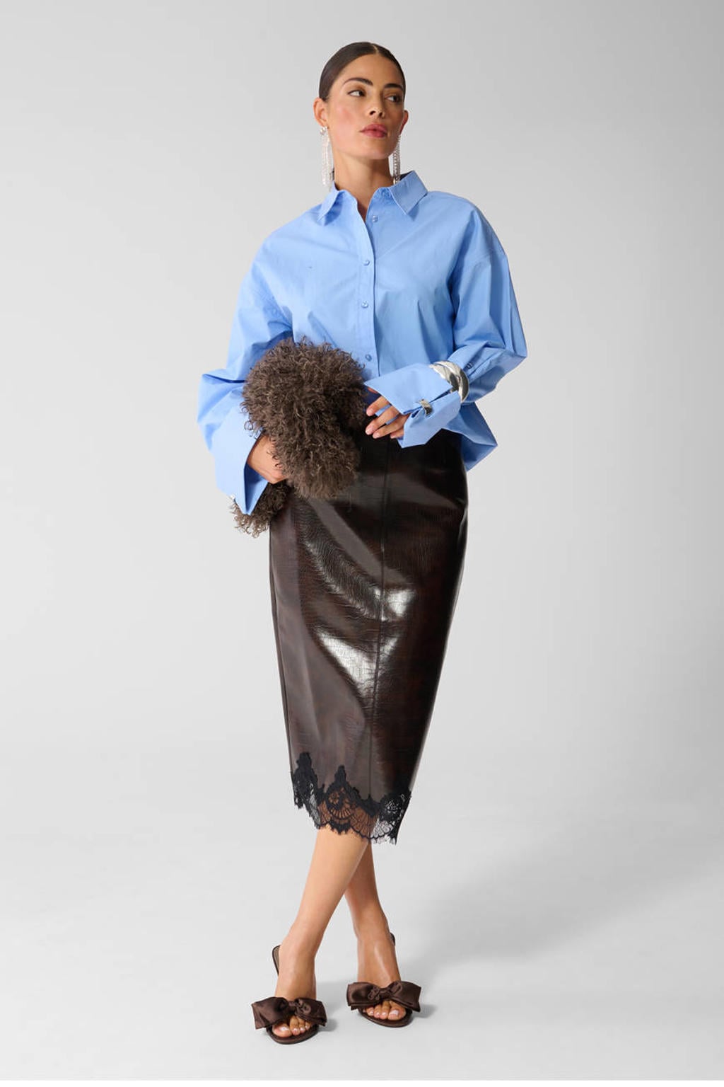 Shoeby imitatieleren midi rok met split - bruin