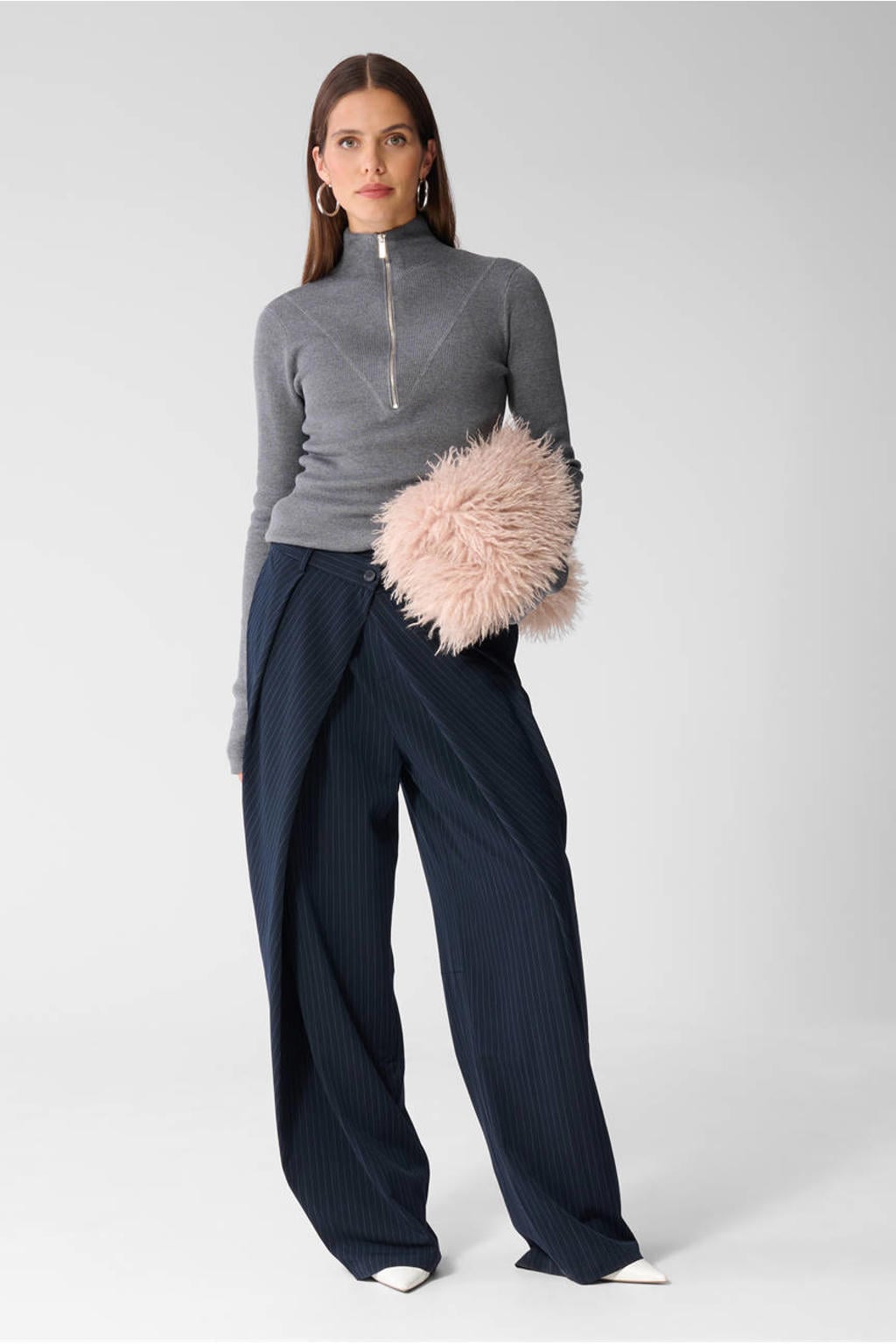 Donkerblauw en ecru dames Shoeby high waist gestreepte broek van polyester met wijde pijpen en rits, haak- en knoopsluiting