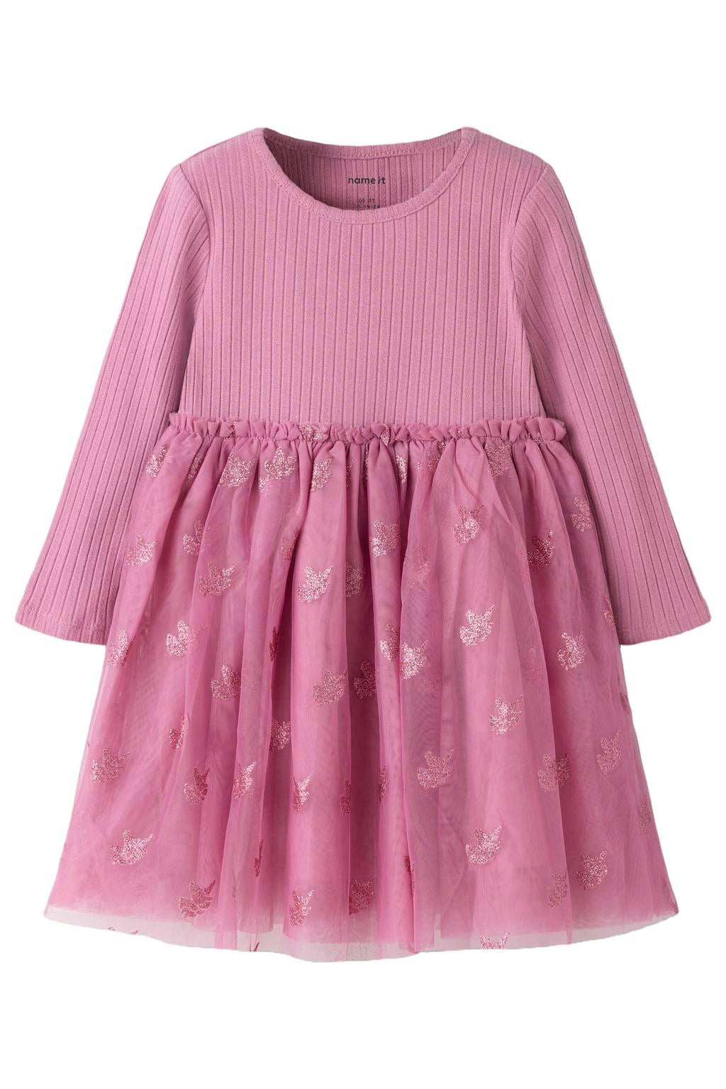 NAME IT MINI midi A-lijn jurk met glitters - roze