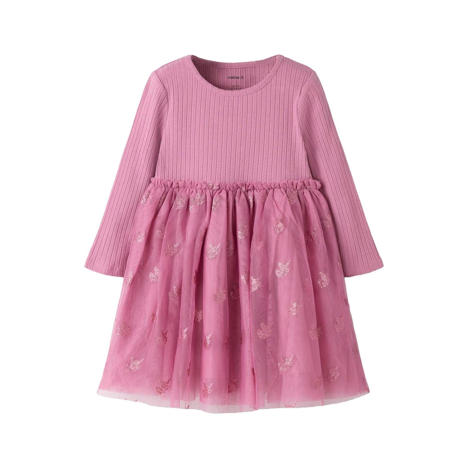 NAME IT MINI midi A-lijn jurk met glitters roze