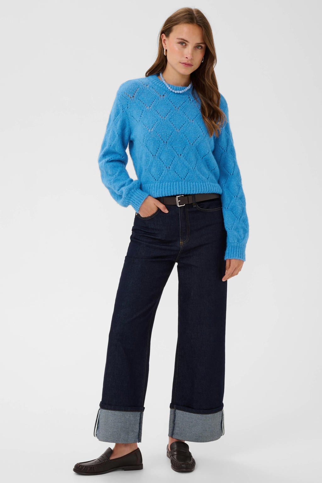 Blauwe dames Saint Tropez van polyester met effen, lange mouwen, ronde hals en geribde boorden