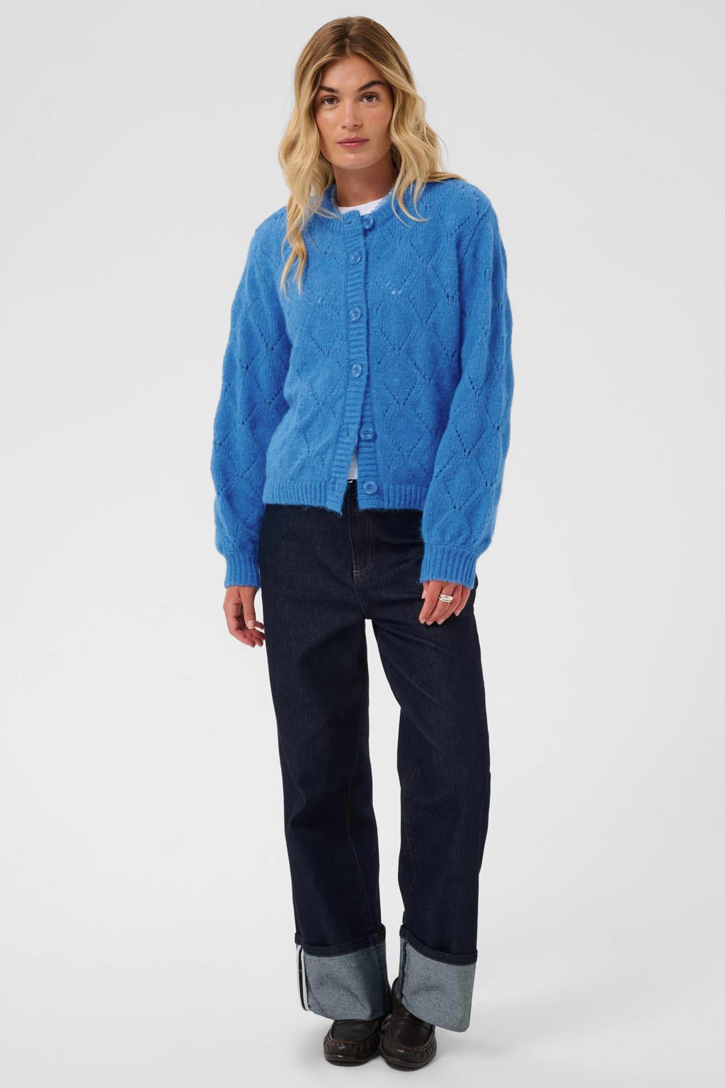 Blauwe dames Saint Tropez van wol met effen, lange mouwen, ronde hals, knoopsluiting en kabel details