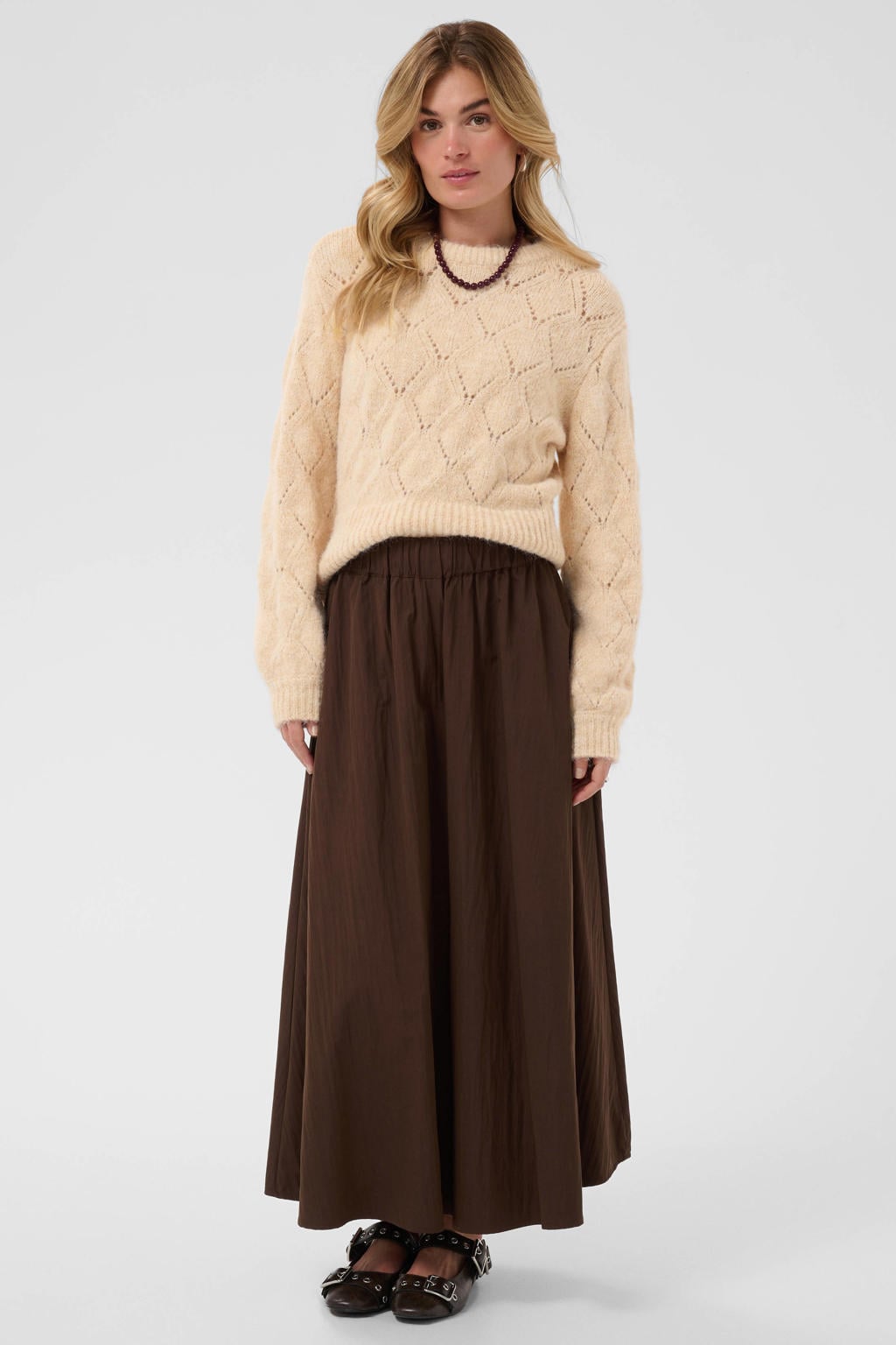 Ecru dames Saint Tropez van polyester met effen, lange mouwen, ronde hals en geribde boorden