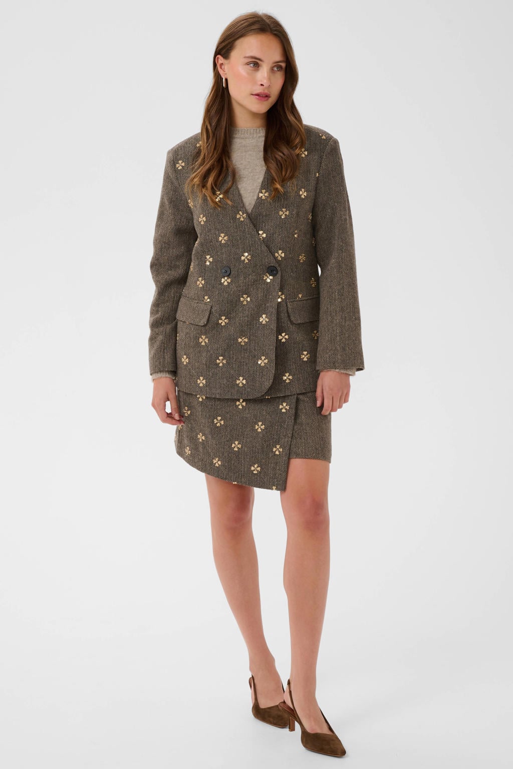 Camel en zwarte dames Saint Tropez double breasted blazer print en wol met lange mouwen, reverskraag en knoopsluiting