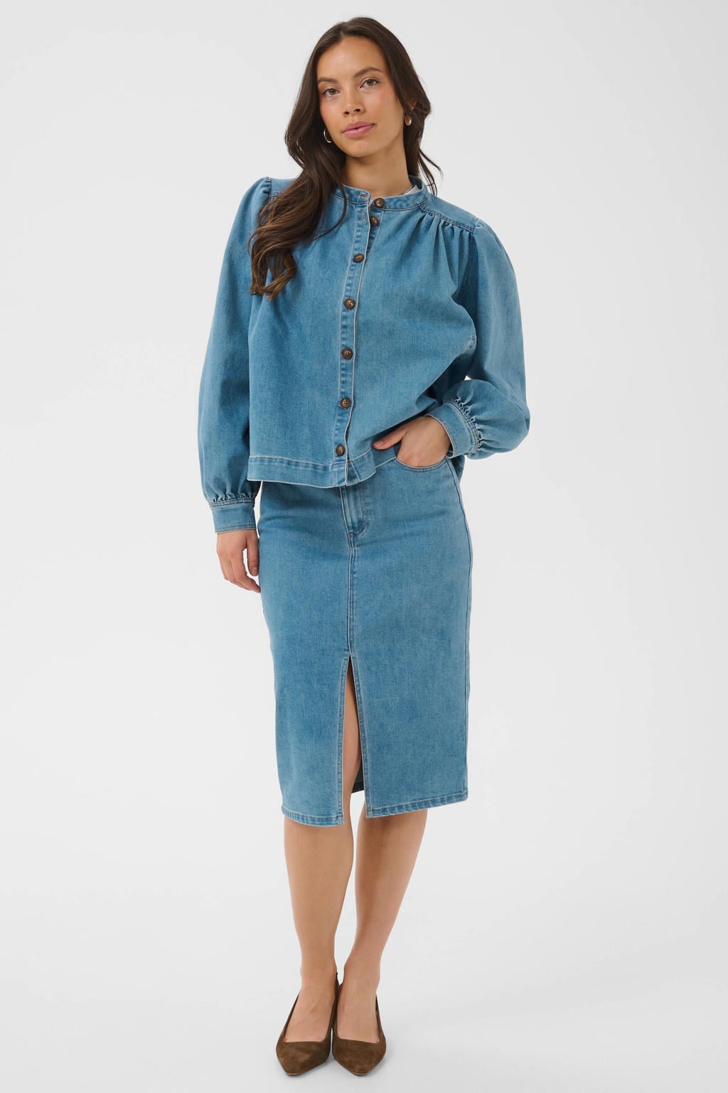 Blauwe dames Saint Tropez van denim met effen, lange mouwen, ronde hals, knoopsluiting en plooien