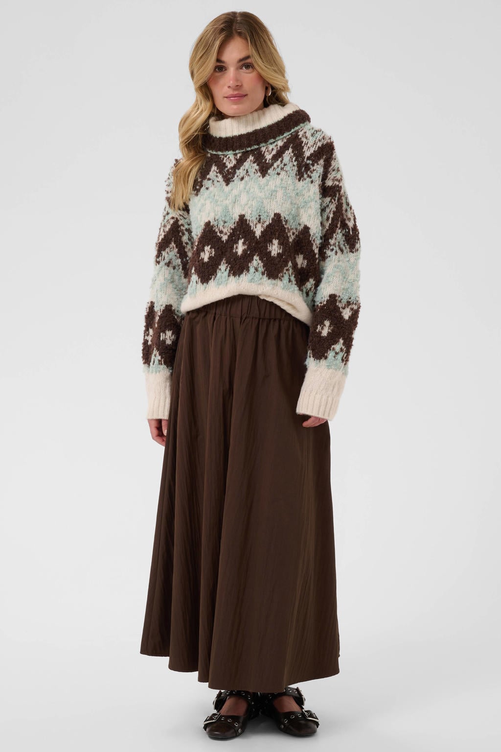 Crème en bruine dames Saint Tropez coltrui crème met meerkleurige print, lange mouwen en geribde boorden