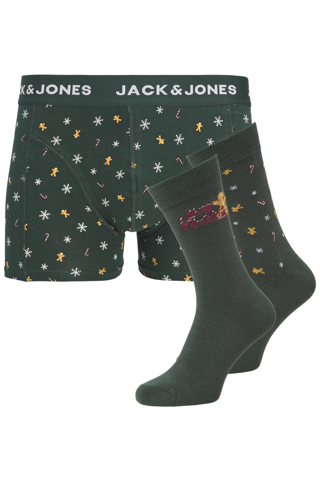 JACK & JONES ADDITIONALS giftbox boxershort + 2 paar sokken Kerst - donkergroen (set van 3)
