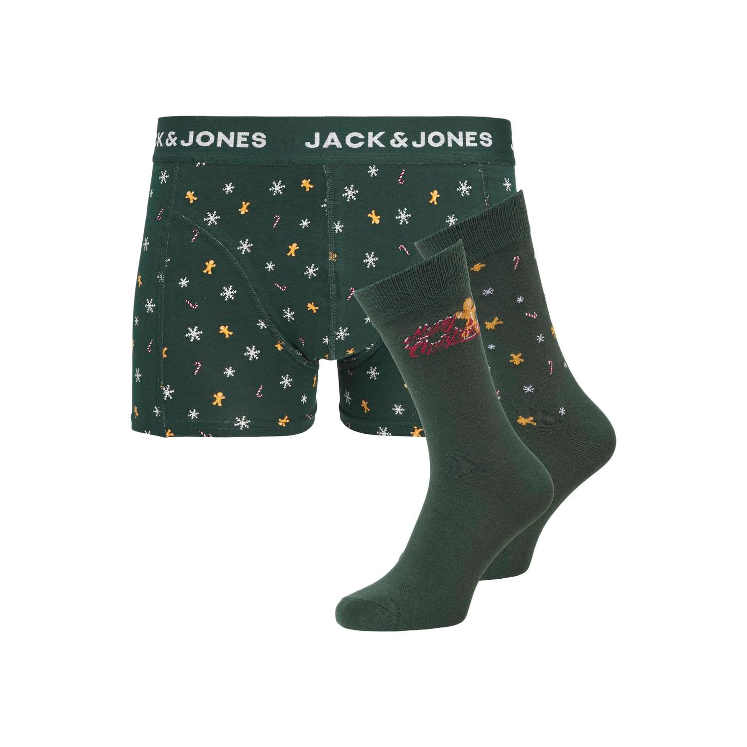 JACK & JONES ADDITIONALS giftbox boxershort + 2 paar sokken Kerst donkergroen (set van 3)
