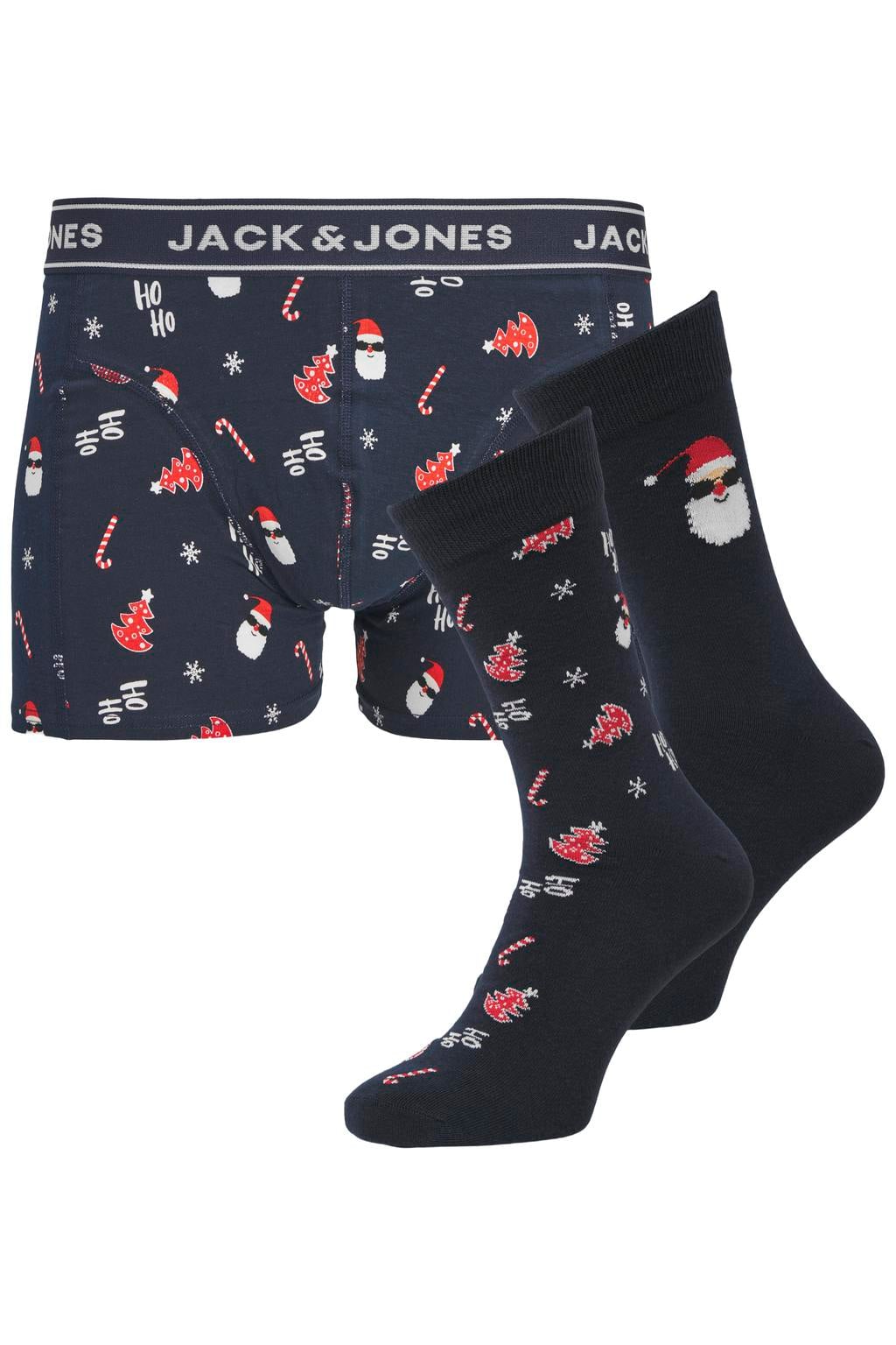 JACK & JONES ADDITIONALS giftbox boxershort + 2 paar sokken Kerst - donkerblauw (set van 3)