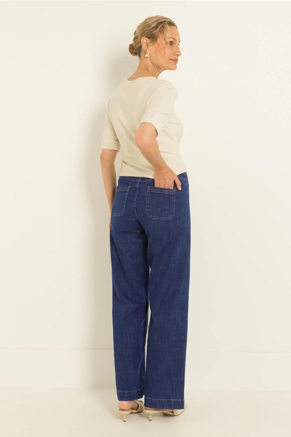 Dark blue denim dames CLAUDIA BY CLAUDIA STRÄTER wide leg jeans dark blue van denim met rits- en knoopsluiting en effen