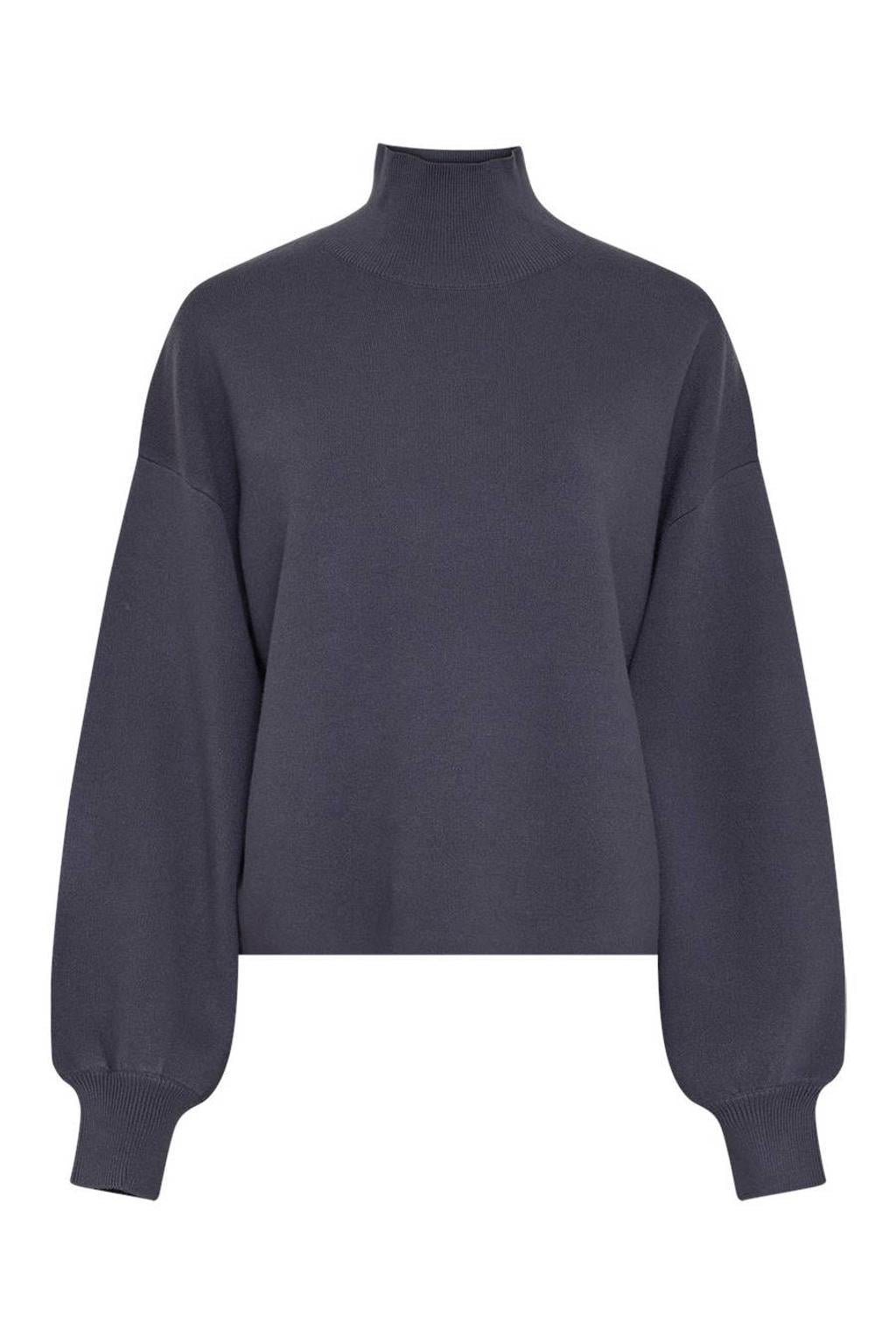 Donkerblauwe dames MSCH Copenhagen coltrui van viscose met effen, lange mouwen en geribde boorden