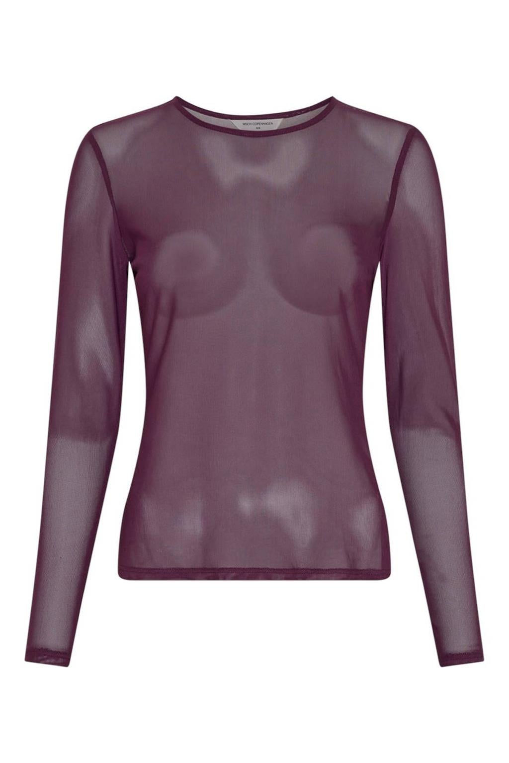 Donkerpaarse dames MSCH Copenhagen semi-transparante jersey top met effen, lange mouwen en ronde hals