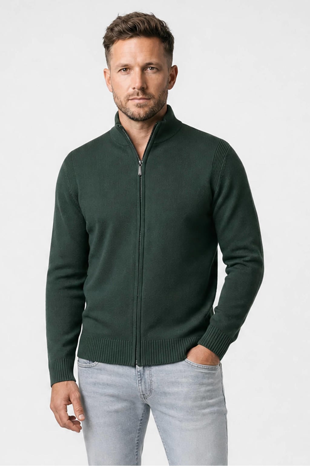 Groene heren Cars gebreid vest van viscose met effen, lange mouwen, opstaande kraag en ritssluiting