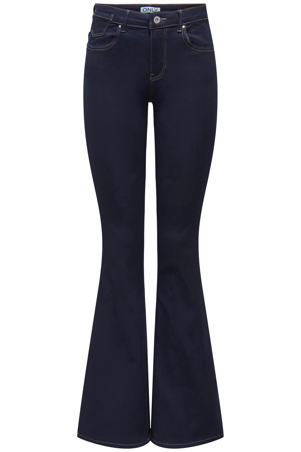 Dark blue denim dames ONLY flared jeans van denim met regular waist, rits- en knoopsluiting en effen