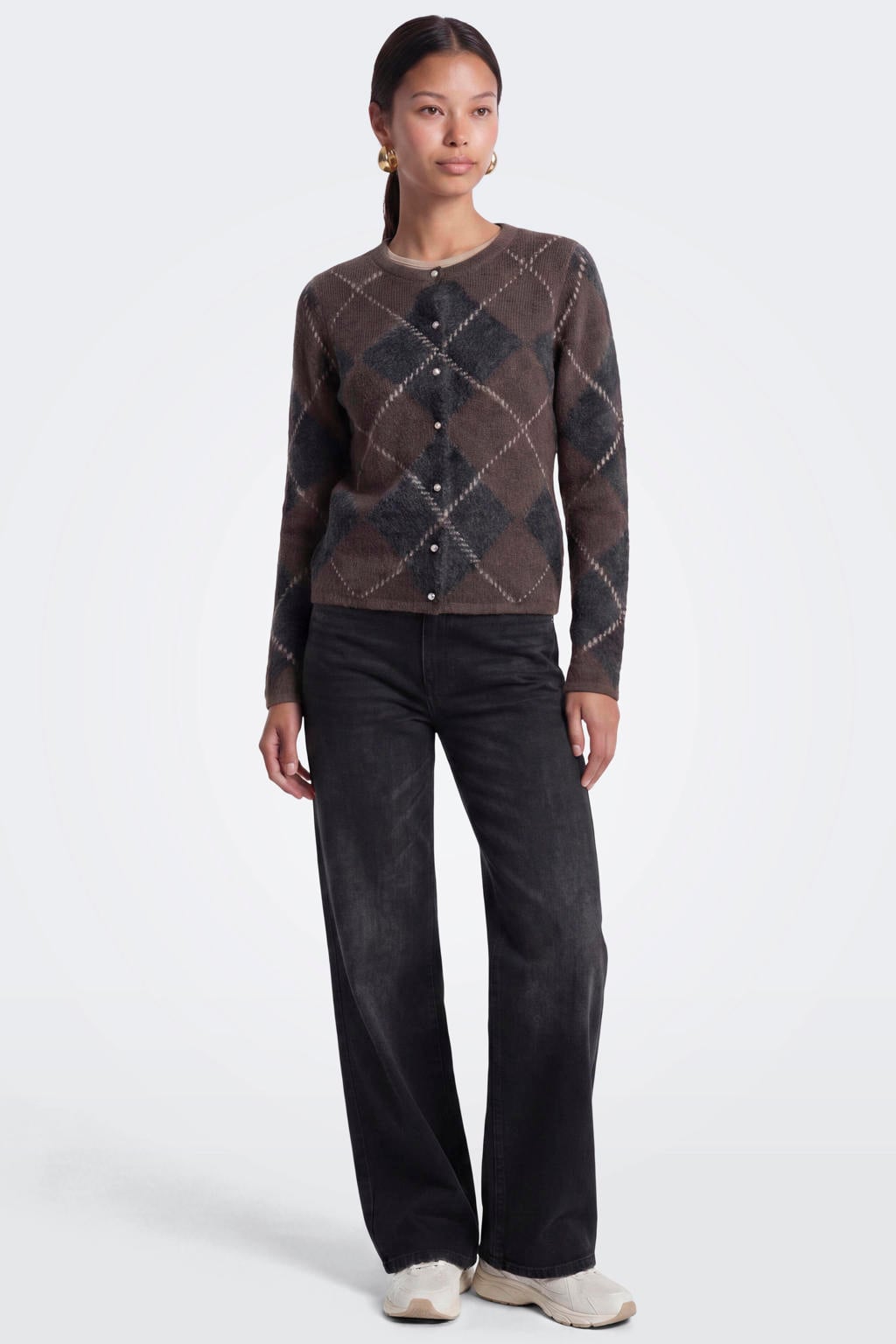 ONLY gebreid geruit vest met wol - bruin/zwart