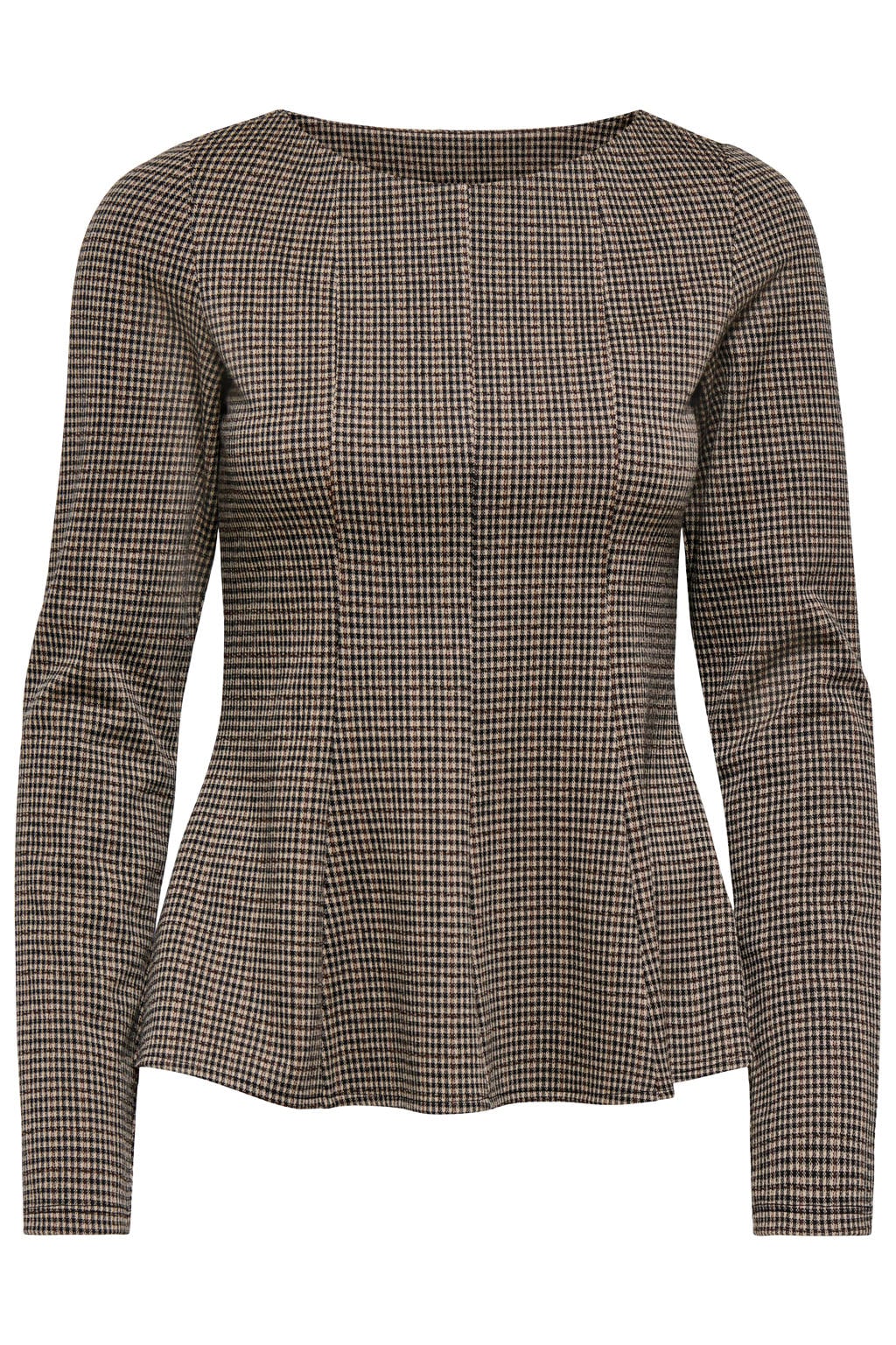 Bruin en zwarte dames ONLY geruite top van polyester met lange mouwen en boothals