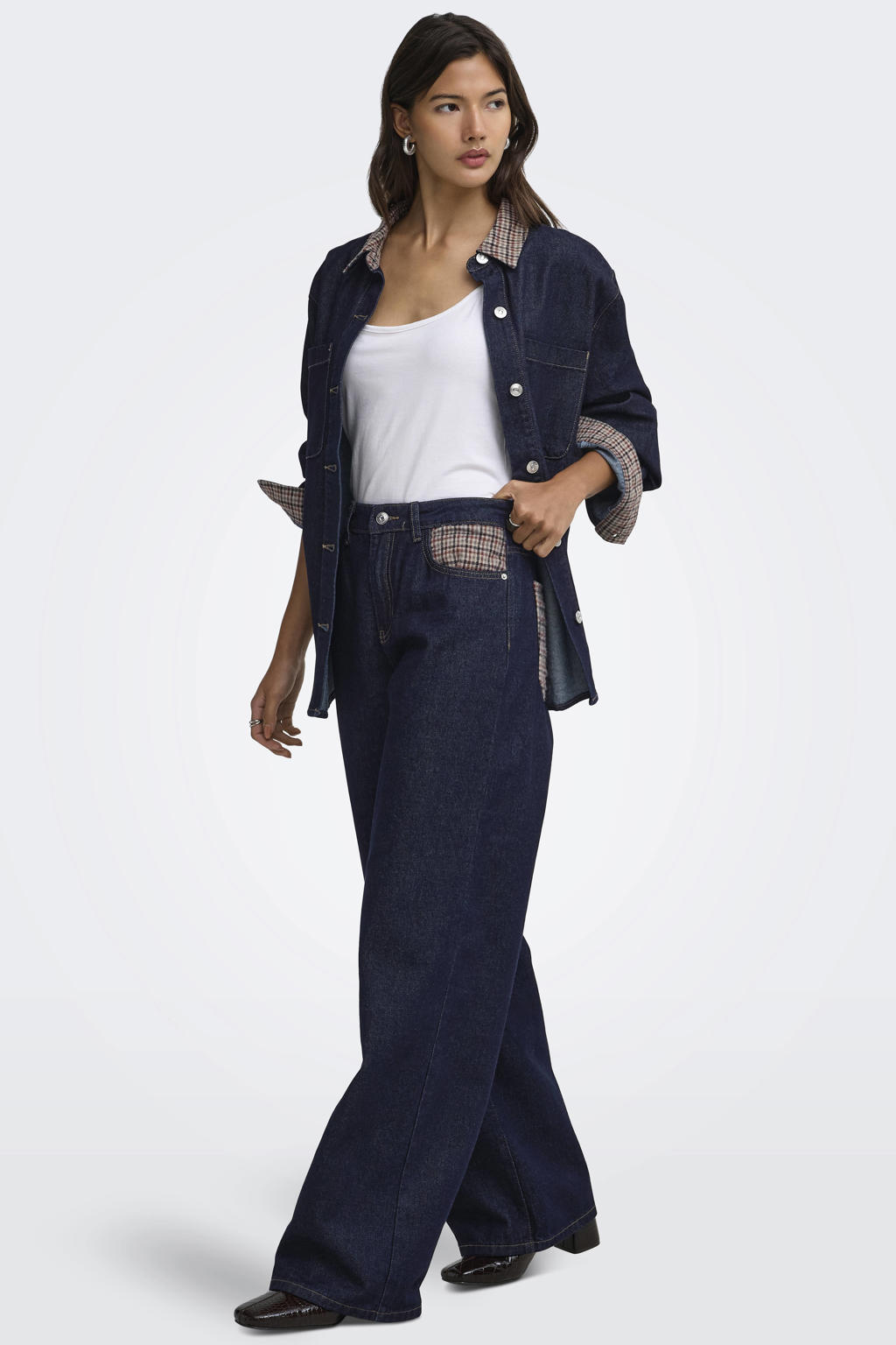 ONLY Onlhope Hw Wide Check Dnm Siji wide leg jeans - donkerblauw